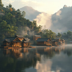 Naklejka premium A peaceful floating village in a misty mountain lake, wooden houses reflecting on calm waters, golden morning light, traditional and ultra-detailed realism. 
