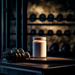 Fueling Fitness: Protein Powder Container Next to Weights in a Gym Setting with Dramatic Lighting