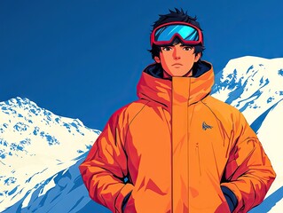 Stylish anime adventurer in snowy mountains outdoor action scene vibrant colorful environment