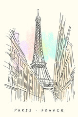 Paris, France, Europe. Eiffel Tower. French famous landmark. Hand drawing. European travel sketch. Vertical vintage hand drawn touristic postcard, poster, brochure illustration.