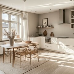 Fototapeta premium The dining room showcases an elegant interior space with bright light