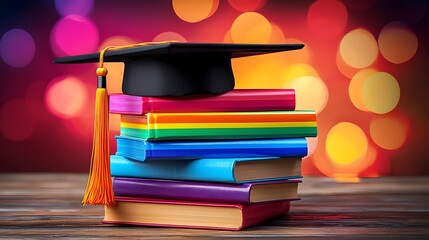 A neatly stacked pile of vibrant rainbow colored hardcover books symbolizing LGBTQ pride and the importance of education topped with a black graduation cap  The warm