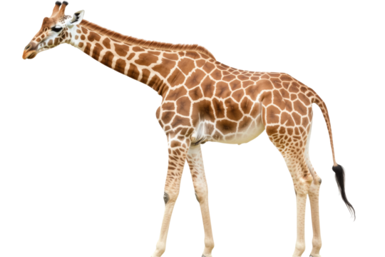 Giraffe standing in a transparent background png image for graphic use nature setting white space wildlife concept