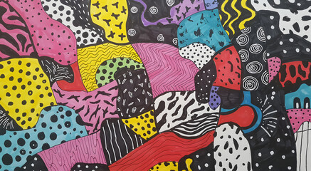 Naklejka premium Colorful abstract doodle pattern with bold shapes and textures