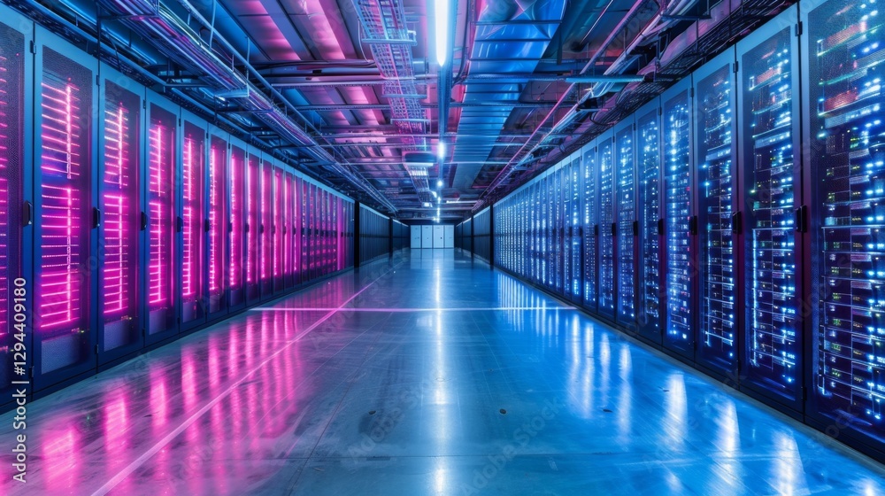 Poster Rows of server racks line a dimly lit corridor, illuminated by vibrant pink and blue lights. The organized layout showcases advanced technology in a high capacity data center.