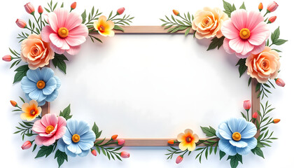 Fototapeta premium Elegant floral frame with pastel flowers on white background