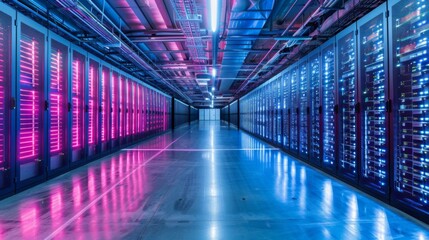 Rows of server racks line a dimly lit corridor, illuminated by vibrant pink and blue lights. The organized layout showcases advanced technology in a high capacity data center.