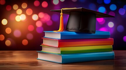 and symbolic shot of a graduation cap and stack of colorful books representing the vibrant diversity and representation of the LGBTQ community in the field of education and academia
