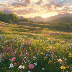 Fototapeta premium A peaceful meadow filled with colorful wildflowers, rolling green hills stretching into the horizon, golden-hour lighting, vibrant countryside aesthetic, ultra-detailed textures. 