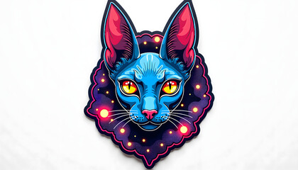 Obraz premium Vibrant neon sphynx cat illustration with cosmic elements