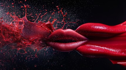 Red lips are at the center of a striking artistic representation, with vibrant liquid splashing outward, emphasizing beauty and creativity in a dramatic way