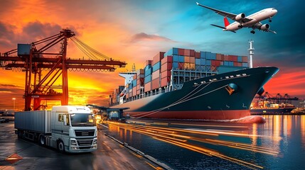 Bustling Global Trade Hub Massive Container Ship Docked at a Busy Port Cargo Cranes Lifting Containers Trucks Transporting Goods and a Cargo Plane Soaring Above at Sunrise