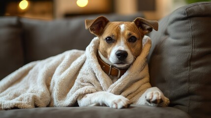 the dog is lying on the couch in a terry blanket. Jack Russell terrier