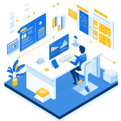 Obraz premium Man Analyzing Data on Dashboard with Graphic Representation of Charts,Isometric Style Illustration of Data Analytics and Business Intelligence