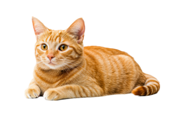 Adorable orange cat lying on a transparent background png white space studio environment close-up view