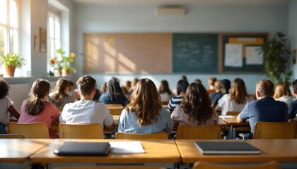 Classroom view from the back of students kids teenagers sitting in desks around tables in colorful rooms with chalkboards and posters