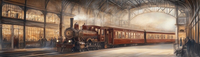 Vintage Steam Train at a Historic Railway Station and Platform Area with Cars and Tracks and Building and Smoke and Light and Landscape in Exterior View. A Nostalgic Illustration of Historic Train © Rattanachai