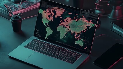 Global Data Visualization on Laptop Screen: Nighttime Desk Setup AI Generated