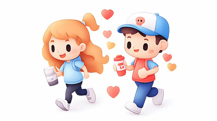 Cute Couple Jogging, Coffee Date, Hearts, Illustration