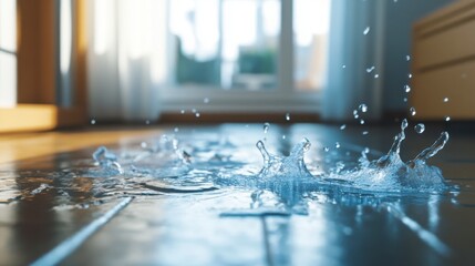 Water Drops Splashing On Dark Floor, Bright Room Background
