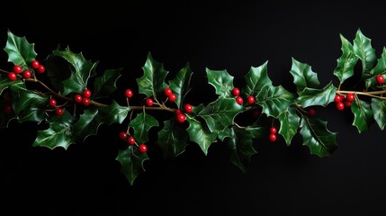 Fototapeta premium Holly branch with red berries on dark background