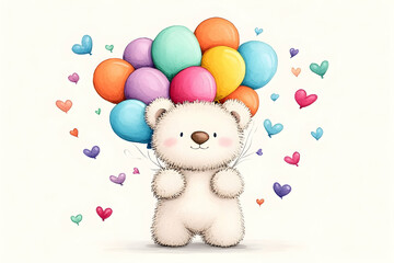 Obraz premium Cute polar bear holding colorful balloons amidst hearts