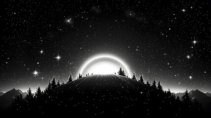 Naklejka premium Bright moonrise illuminating a mountainous landscape surrounded by silhouettes of evergreen trees and a starry night sky.