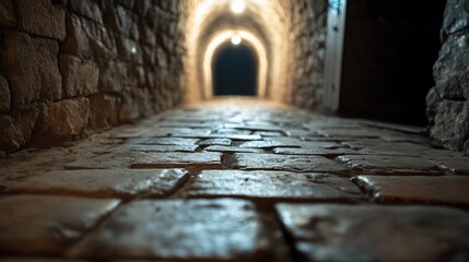 Cobblestone path in a dimly lit stone tunnel.