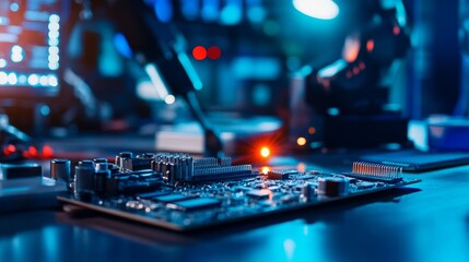 Obraz premium Close-up of a circuit board on a lab table with robotic arms and glowing screens in the background