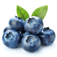 Obraz premium Captivating close up of fresh blueberries with vibrant green leaves against a clean white background showcasing natural detail