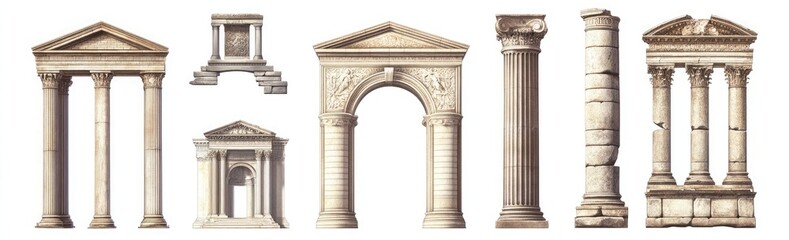 Old, antique Roman and Greek columns, arches, and other architectural elements isolated on a white background