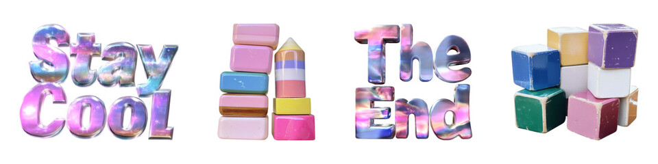 Fototapeta premium Colorful text and 3d blocks with cosmic patterns as vintage element set isolated on transparent background