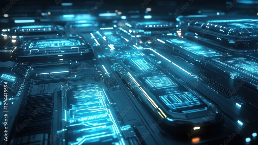 Wall mural futuristic blue circuit board design with glowing lines and patterns