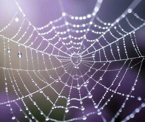 Naklejka premium Close-up of a delicate spider web covered in dewdrops, set against a soft, blurred purple background, evoking a serene, ethereal feeling.