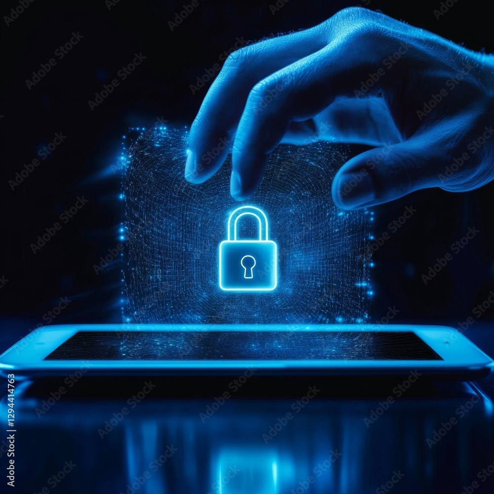 Aufkleber Securing Data on Mobile: Man's Hand Interacting with Digital Lock Icon Projected From Tablet Device
