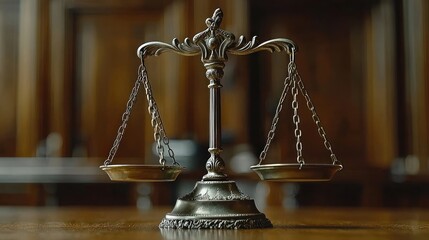 Ornate antique scales of justice in a courtroom