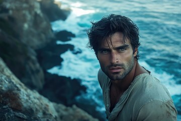 A handsome man with dark hair and intense eyes gazes intently, set against a dramatic ocean backdrop.