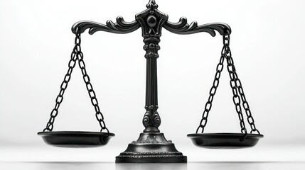 Ornate black legal scales balanced on white background