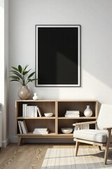 Modern Minimalist Living Room with Wooden Shelving and Armchair Featuring a Blank Framed Artwork