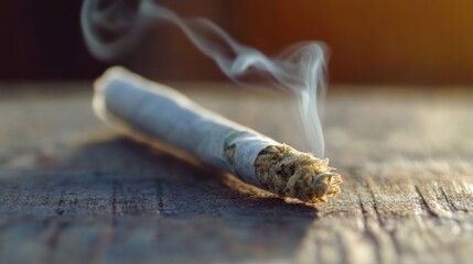 Fragrant smoke curls gracefully from the end of an expertly rolled joint, positioned on a weathered wooden table