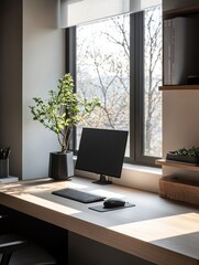 A minimalist home office desk setup with a nice window view