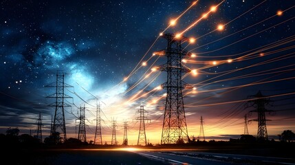 Futuristic electricity transmission towers with glowing orange power lines stretching across a starry night sky symbolizing advanced energy infrastructure and technology