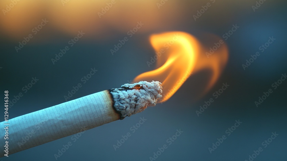 Poster A glowing ember at the tip of a cigarette releases a swirling cloud of smoke into the evening air, creating a captivating contrast against a blurred twilight backdrop