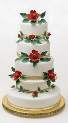 Elegant Four-Tier Wedding Cake with Red Roses and Gold Accents