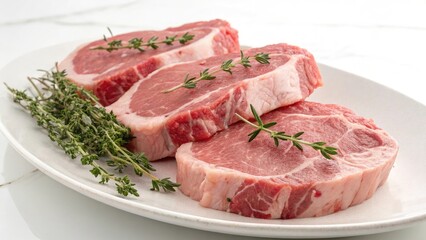 Fototapeta premium Fresh pork chops garnished with thyme on a serving platter