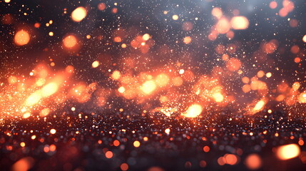 Obraz premium Sparkling particles floating in air with bright warm tones and a dark blurry background creating an abstract effect.