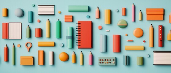 Pastel Background Infographics concept. Colorful Stationery and Office Supplies Arranged in Geometric Pattern
