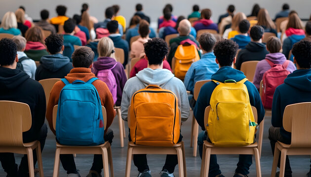 Diverse students attentively seated in auditorium lecture