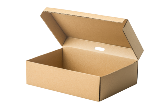 Cardboard box opened studio setting png transparency background white space for product display