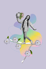 Exclusive image vertical photo collage of happy glamour girl walk tree branch celebration spring weather melt snow flower bloom